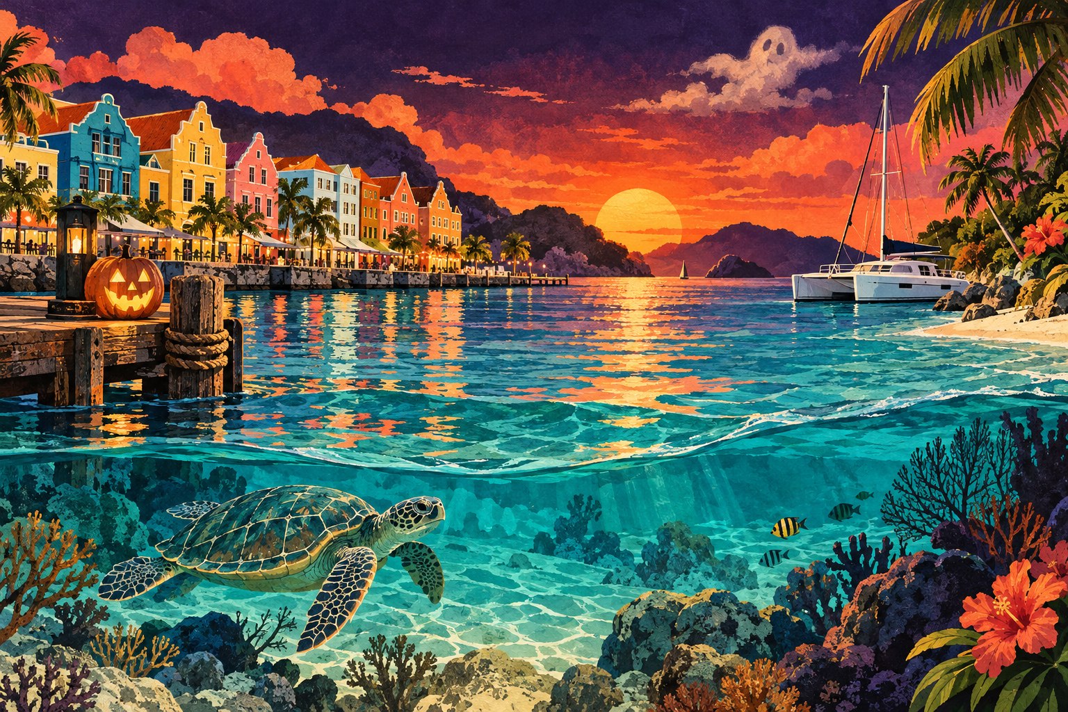 Illustrated Caribbean cruise adventure with turquoise water and Halloween details