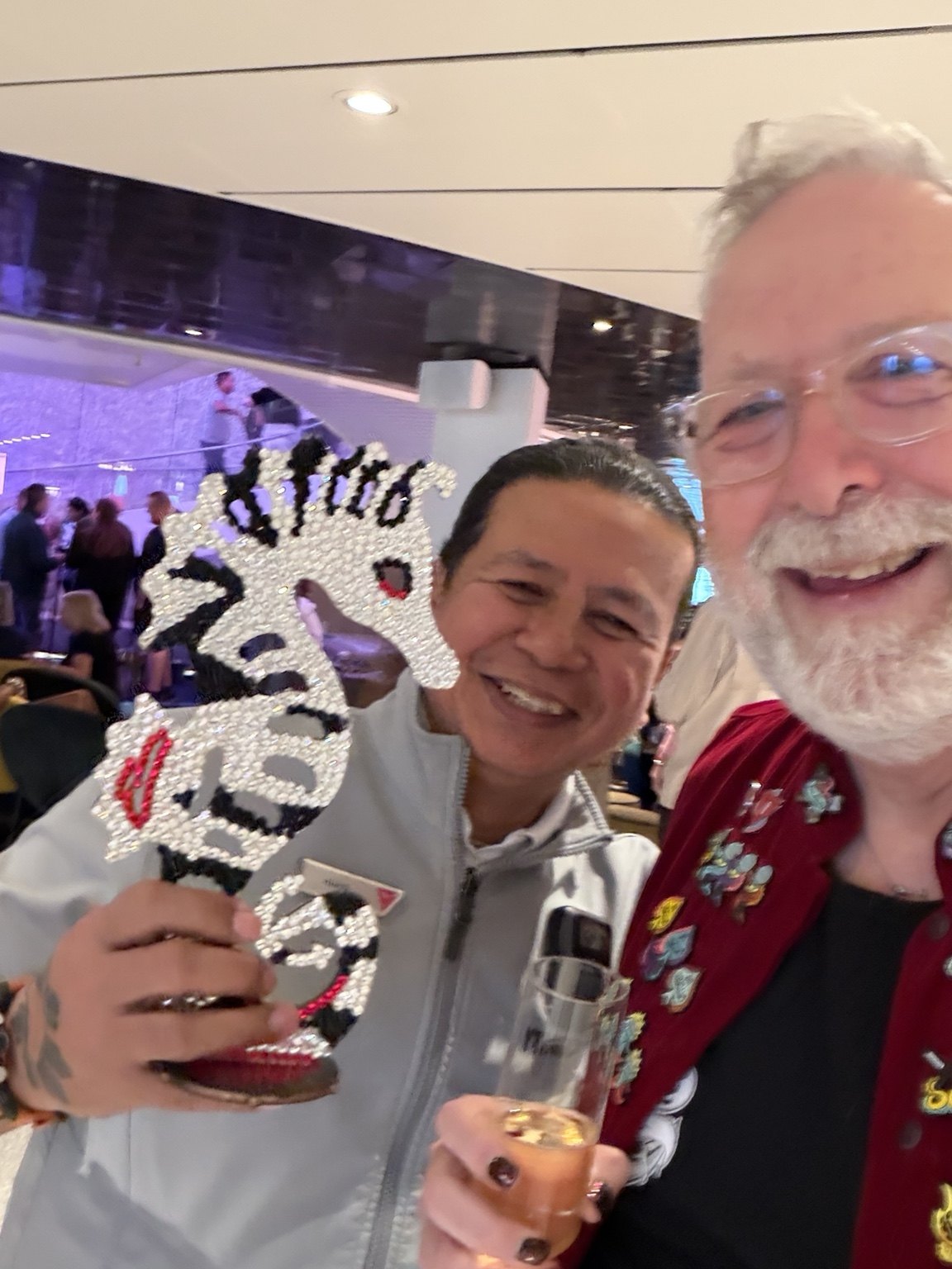 Mark and a crew member with a decorated seahorse