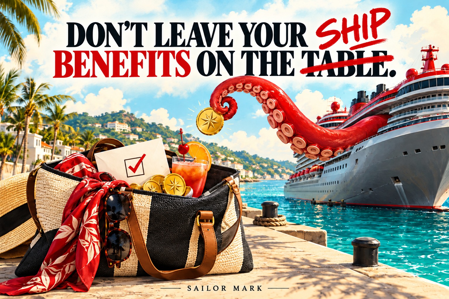 Illustration of a cruise ship and red tentacle returning a reward, with table crossed out and ship written above it