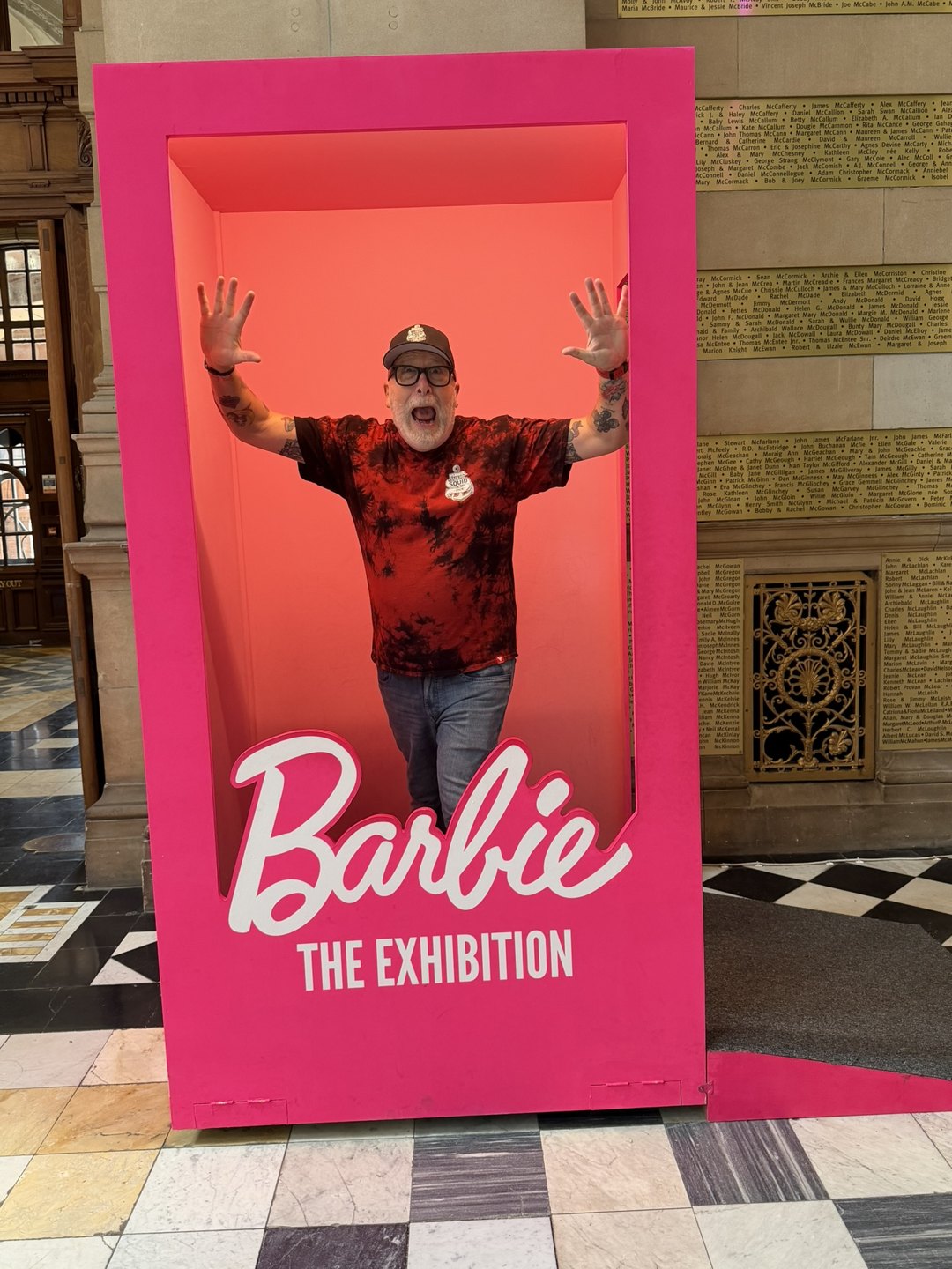 Mark in the Barbie exhibition box at Kelvingrove