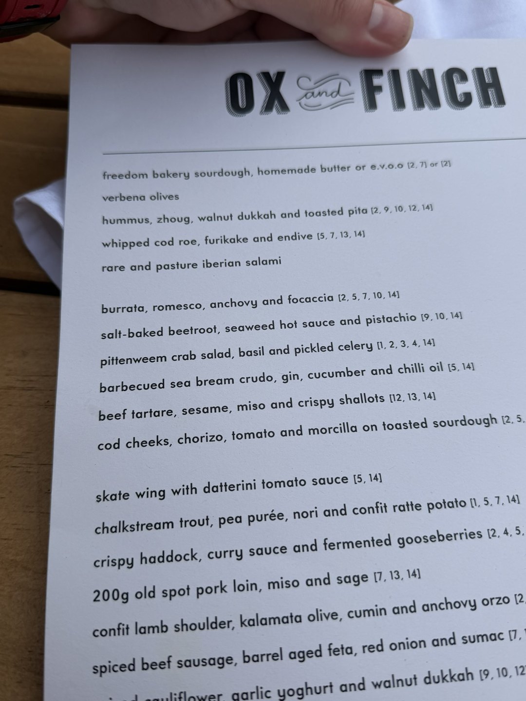 The menu at Ox and Finch, ready for a very good lunch.