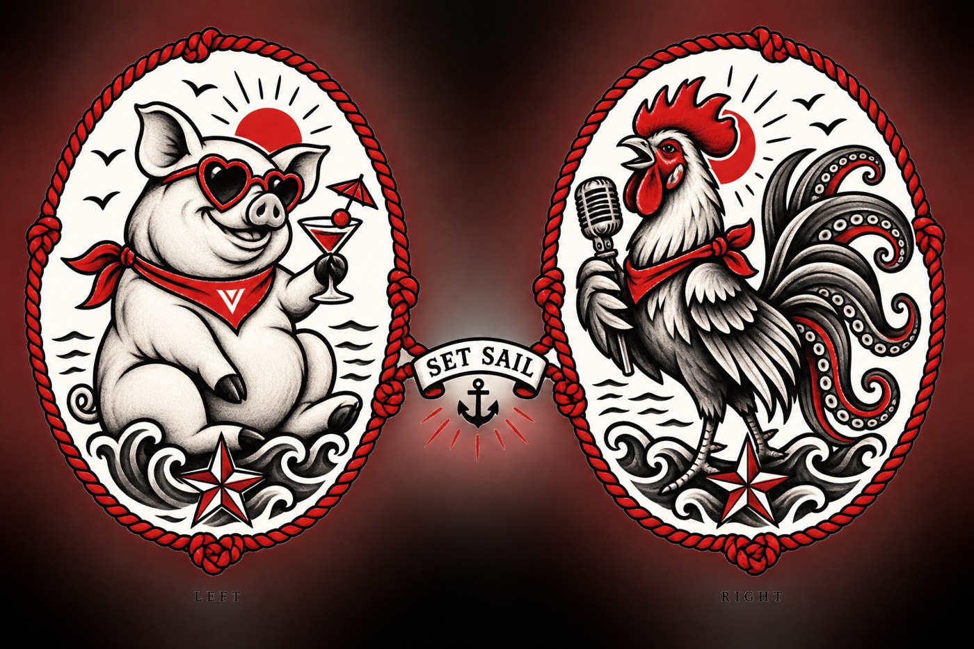 Sailor pig and rooster tattoo design concept