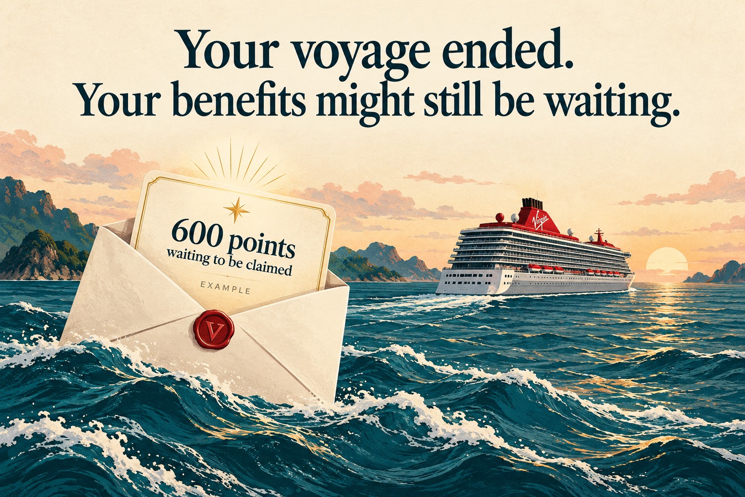 A cruise ship sails away while an envelope holds an example reward of 600 points waiting to be claimed. Your voyage ended. Your benefits might still be waiting.